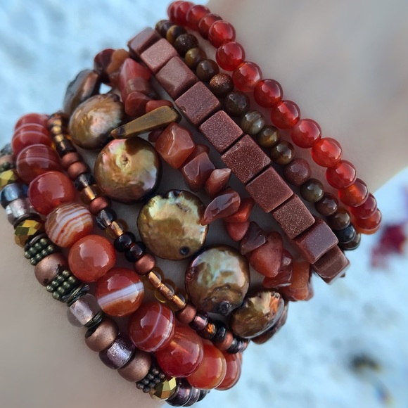 Natural Orange Carnelian, Aventurine, Agate & Gold Sandstone Gemstone Bracelets - Picture 4 of 8